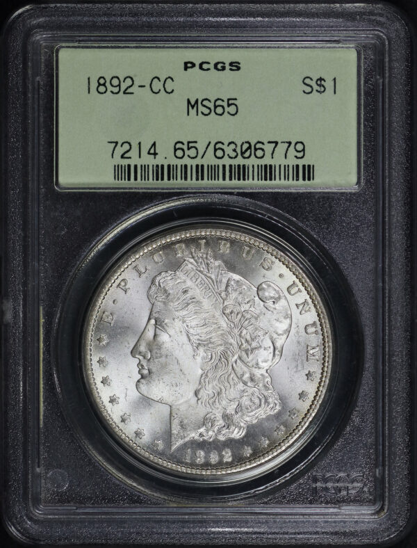 Obverse of this 1892-CC Morgan Dollar PCGS MS-65 Old Green Holder