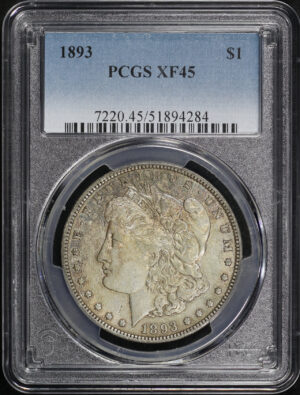 Obverse of this 1893 Morgan Dollar PCGS XF-45 – Blue & Orange Obverse Toning