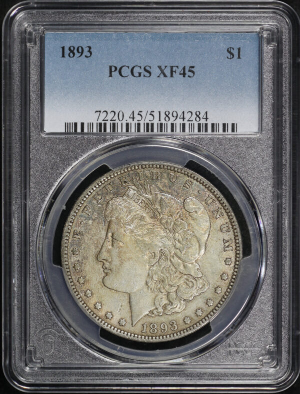 Obverse of this 1893 Morgan Dollar PCGS XF-45 – Blue & Orange Obverse Toning