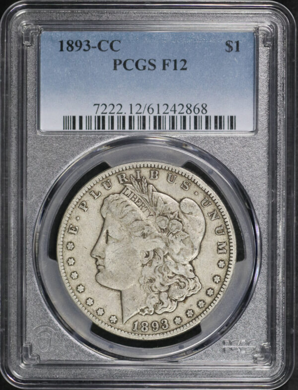 Obverse of this 1893-CC Morgan Dollar PCGS F-12