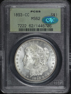 Obverse of this 1893-CC Morgan Dollar PCGS MS-62 CAC Old Green Holder