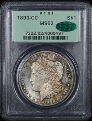 Obverse of this 1893-CC Morgan Dollar PCGS MS-62 CAC Old Green Holder