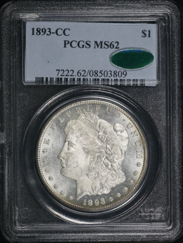 Obverse of this 1893-CC Morgan Dollar PCGS MS-62 CAC