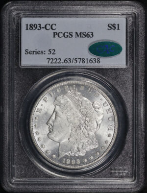 Obverse of this 1893-CC Morgan Dollar PCGS MS-63 CAC