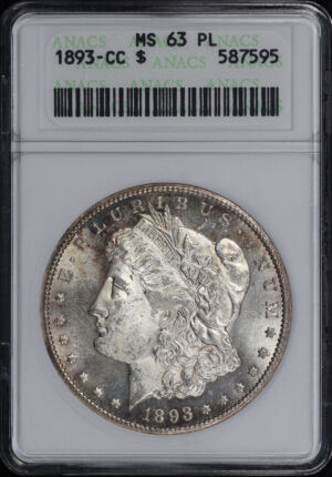 Obverse of this 1893-CC Morgan Dollar ANACS MS-63 PL First Generation Holder