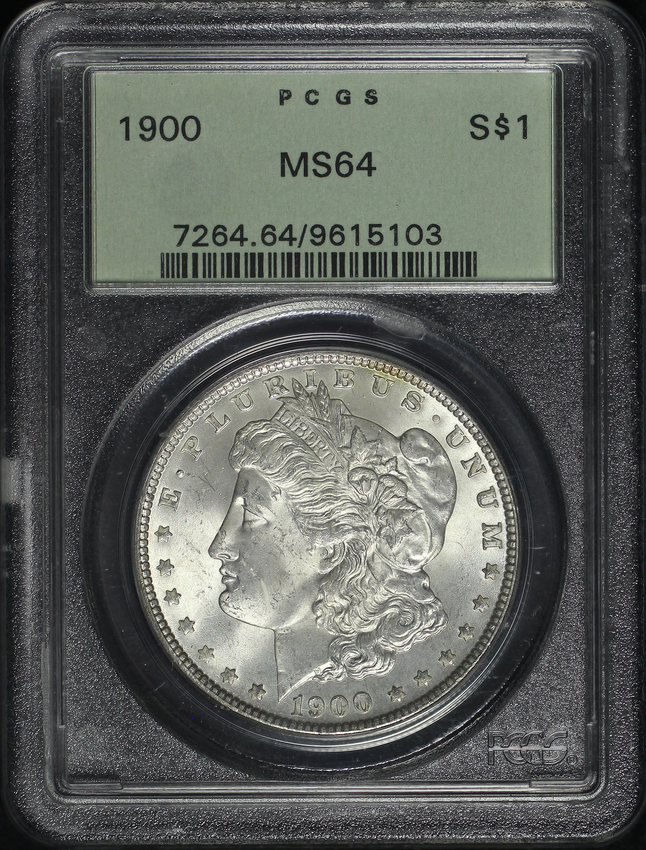 Obverse of this 1900 Morgan Dollar PCGS MS-64 Old Green Holder