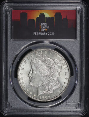 Obverse of this 1903 Morgan Dollar PCGS MS-63 LBE Long Beach Expo February 2025 Sunset Label