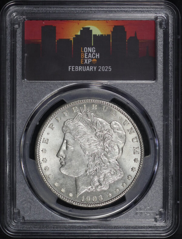 Obverse of this 1903 Morgan Dollar PCGS MS-63 LBE Long Beach Expo February 2025 Sunset Label
