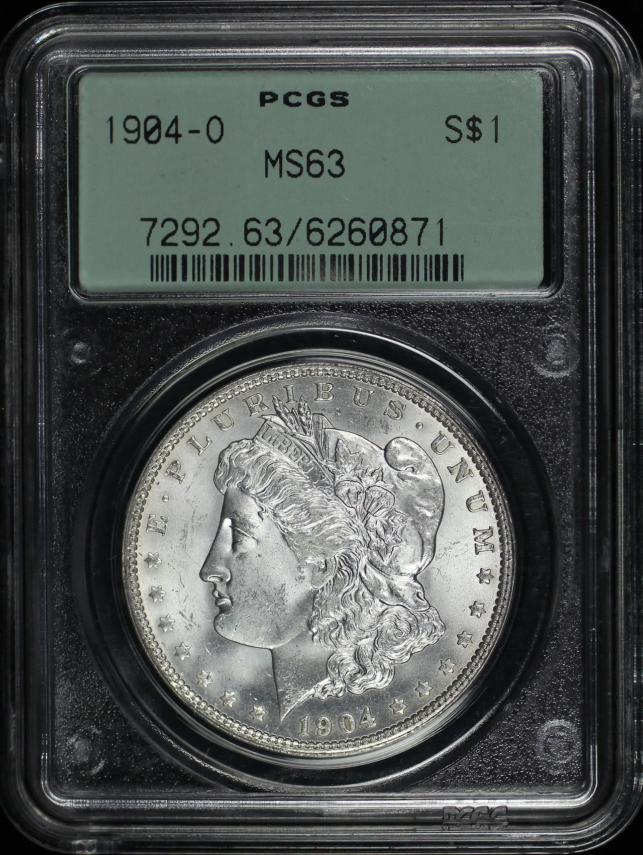 Obverse of this 1904-O Morgan Dollar PCGS MS-63 Old Green Gasket Holder