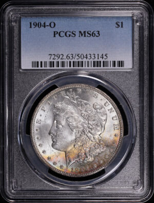 Obverse of this 1904-O Morgan Dollar PCGS MS-63 – Vibrant Rainbow Toning