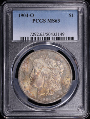 Obverse of this 1904-O Morgan Dollar PCGS MS-63 – Sunset Hue Obverse End of Roll Toning
