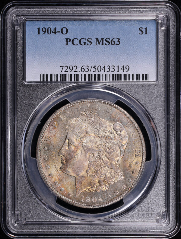 Obverse of this 1904-O Morgan Dollar PCGS MS-63 – Sunset Hue Obverse End of Roll Toning