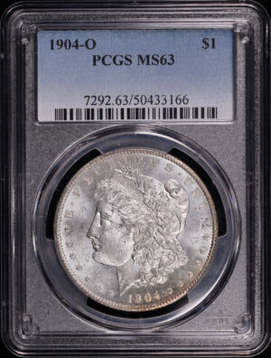 Obverse of this 1904-O Morgan Dollar PCGS MS-63 – Rainbow Reverse Crescent Toning