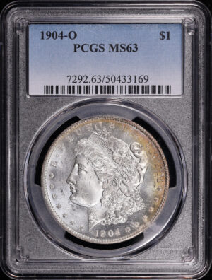 Obverse of this 1904-O Morgan Dollar PCGS MS-63 – Blue & Sunset Hue Reverse Crescent Toning