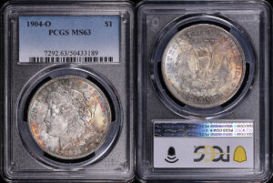 Obverse of this 1904-O Morgan Dollar PCGS MS-63 – Blue & Sunset Hue End of Roll Pair Toning Set
