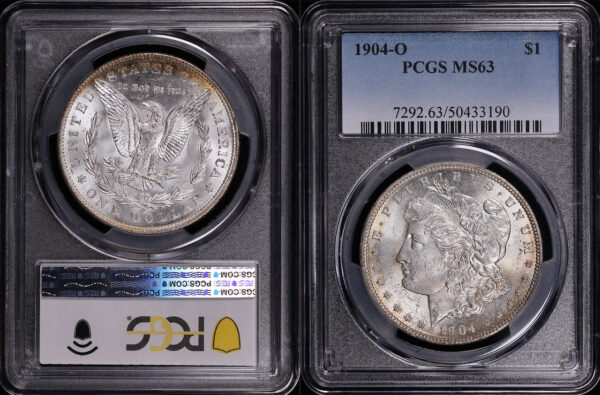 Reverse of this 1904-O Morgan Dollar PCGS MS-63 – Blue & Sunset Hue End of Roll Toning 2 Coin Set