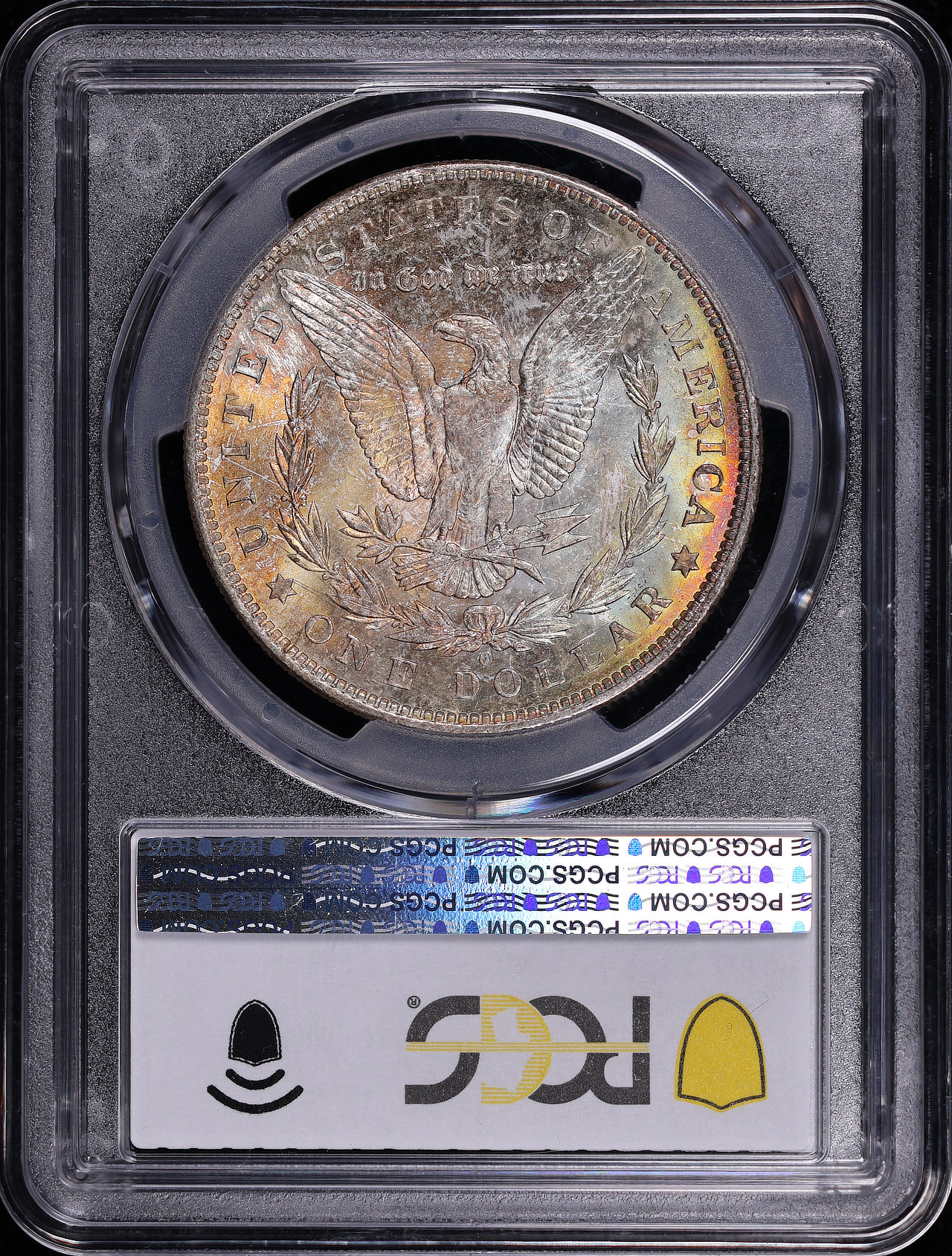 Reverse of this 1904-O Morgan Dollar PCGS MS-63 – Blue, Green, & Sunset Hue Reverse Toning