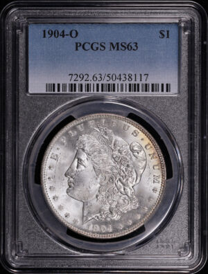 Obverse of this 1904-O Morgan Dollar PCGS MS-63 – Near-Monochromatic Sunset Hue Reverse Toning