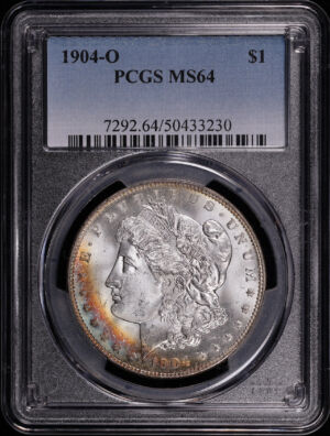 Obverse of this 1904-O Morgan Dollar PCGS MS-64 – Vibrant Rainbow Reverse & Crescent Obverse Toning