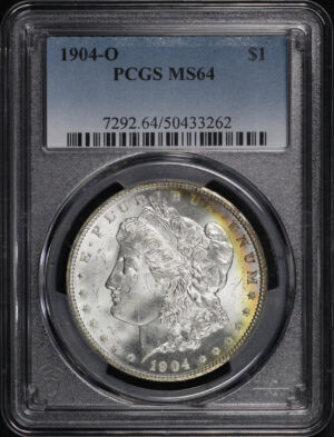 Obverse of this 1904-O Morgan Dollar PCGS MS-64 – Violet & Orange Obverse Rim Toning