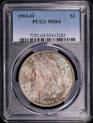 Obverse of this 1904-O Morgan Dollar PCGS MS-64 – Blue, Green, & Sunset Hue Obverse Toning
