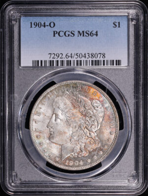 Obverse of this 1904-O Morgan Dollar PCGS MS-64 – Blue & Sunset Obverse, Banded Rainbow Reverse Toning