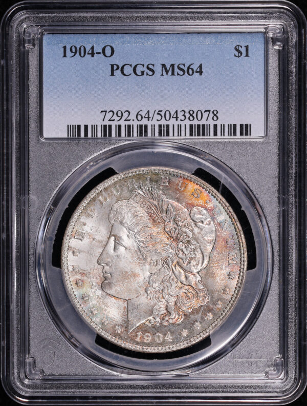 Obverse of this 1904-O Morgan Dollar PCGS MS-64 – Blue & Sunset Obverse, Banded Rainbow Reverse Toning