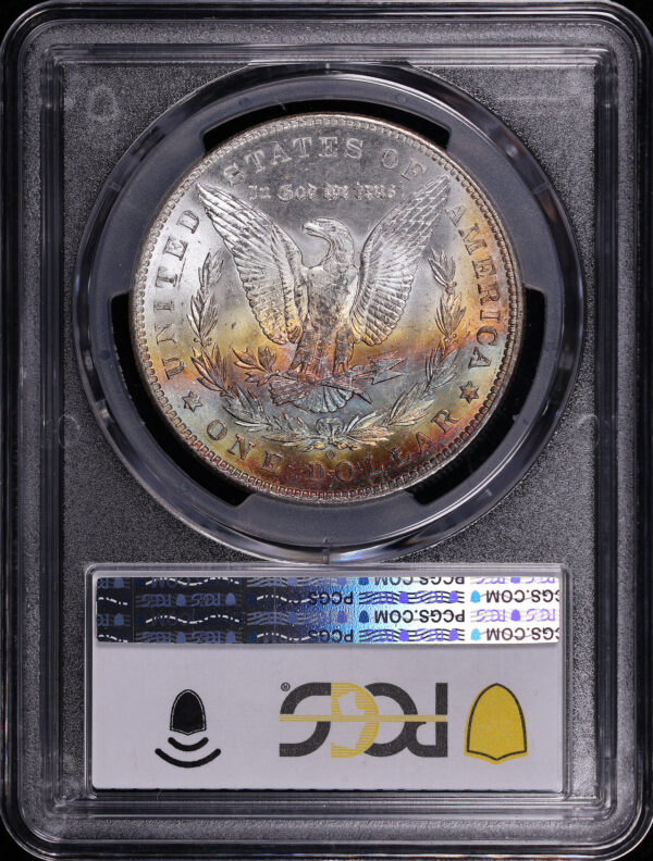 Reverse of this 1904-O Morgan Dollar PCGS MS-64 – Blue & Sunset Obverse, Banded Rainbow Reverse Toning