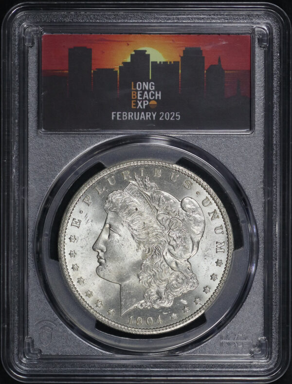 Obverse of this 1904-O Morgan Dollar PCGS MS-65 LBE Long Beach Expo February 2025 Sunset Label