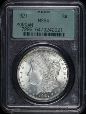 Obverse of this 1921 Morgan Dollar PCGS MS-64 Old Green Gasket Holder