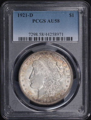 Obverse of this 1921-D Morgan Dollar PCGS AU-58