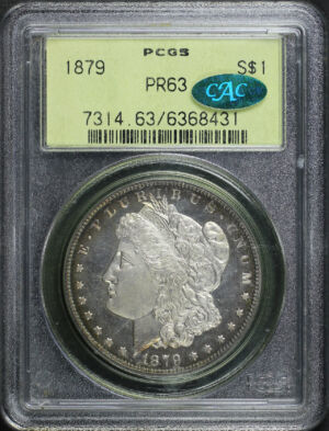 Obverse of this 1879 Morgan Dollar PCGS PR-63 CAC Old Green Holder
