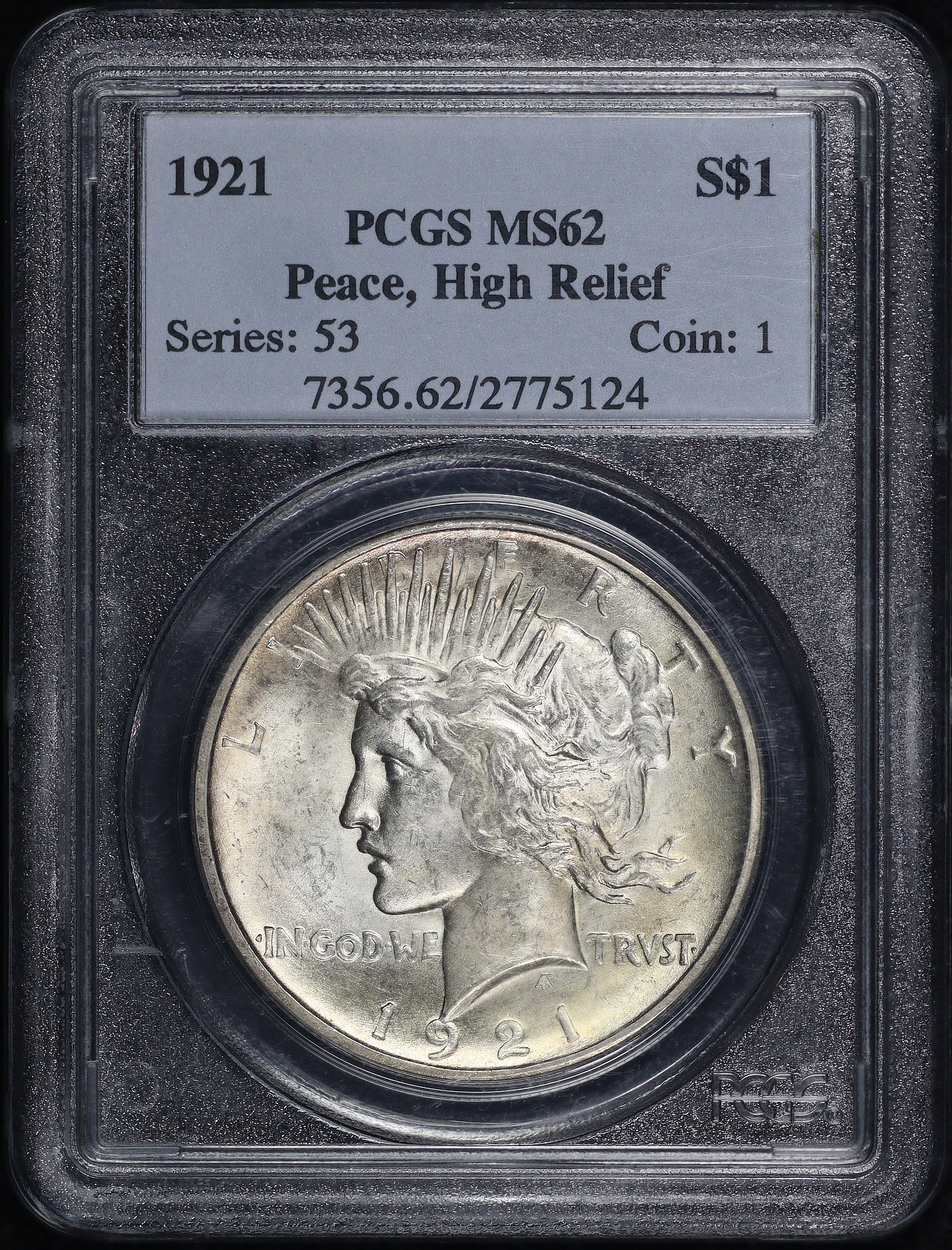 Obverse of this 1921 High Relief Peace Dollar PCGS MS-62