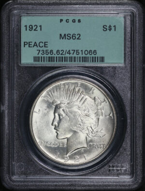 Obverse of this 1921 Peace Dollar PCGS MS-62 Old Green Holder 