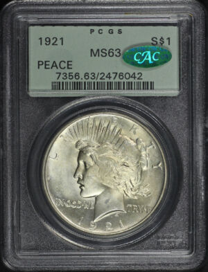 Obverse of this 1921 Peace Dollar PCGS MS-63 CAC Old Green Holder