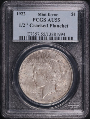 Obverse of this 1922 Peace Dollar PCGS AU-55 Mint Error 1/2″ Cracked Planchet