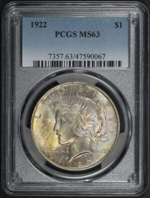 Obverse of this 1922 Peace Dollar PCGS MS-63 Variegated Pastel Toning