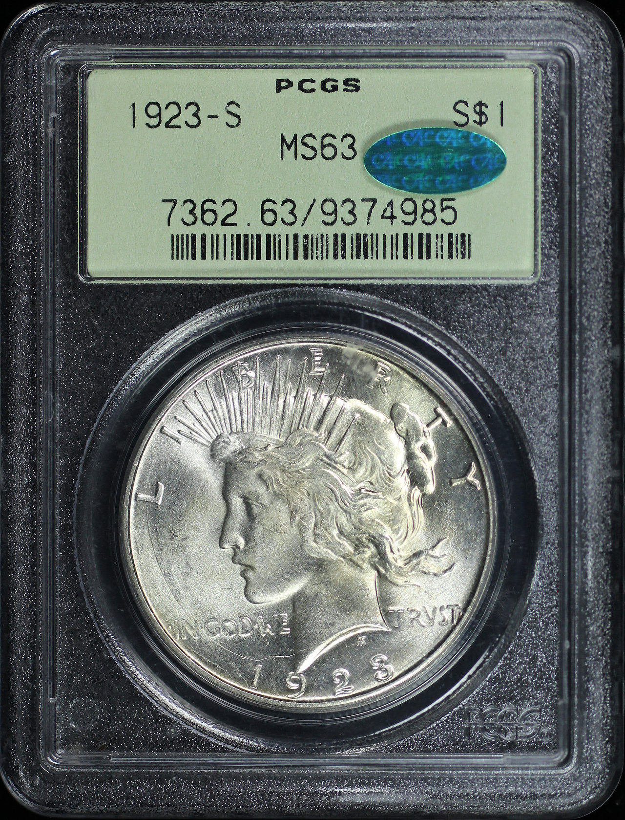 Obverse of this 1923-S Peace Dollar PCGS MS-63 Old Green Holder
