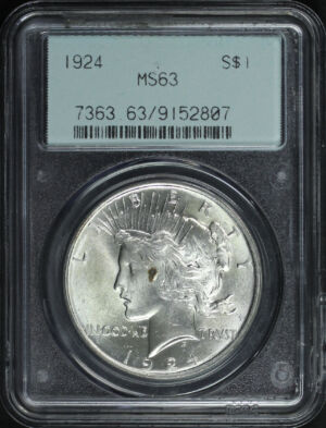 Obverse of this 1924 Peace Dollar PCGS MS-63 Old Green Gasket Holder
