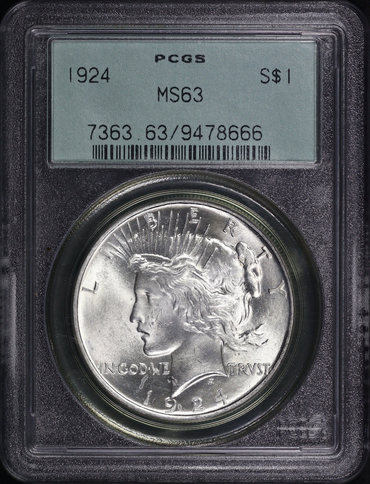 Obverse of this 1924 Peace Dollar PCGS MS-63 Old Green Holder