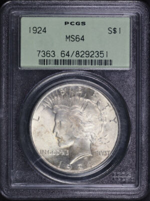 Obverse of this 1924 Peace Dollar PCGS MS-64 Old Green Holder 