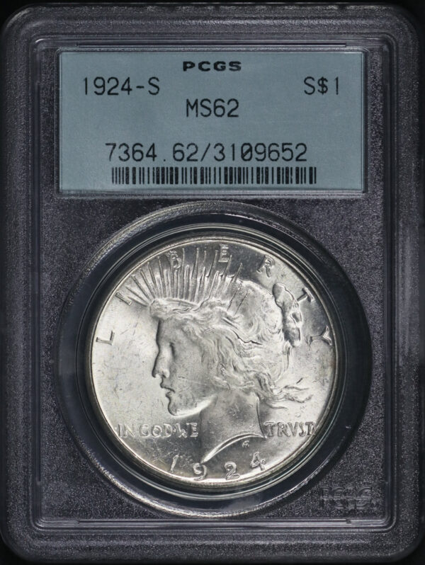 Obverse of this 1924-S Peace Dollar PCGS MS-62 Old Green Holder 