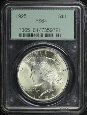 Obverse of this 1925 Peace Dollar PCGS MS-64 Old Green Gasket Holder