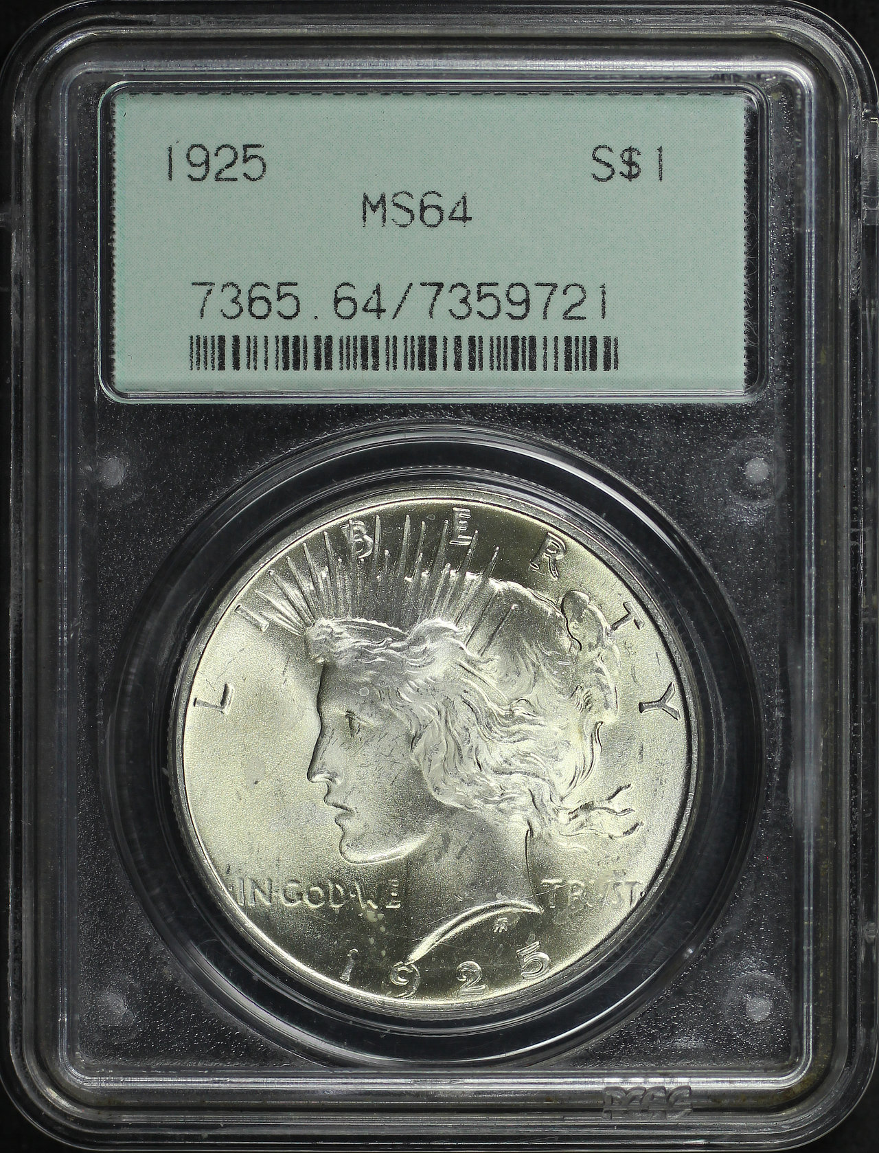 Obverse of this 1925 Peace Dollar PCGS MS-64 Old Green Gasket Holder