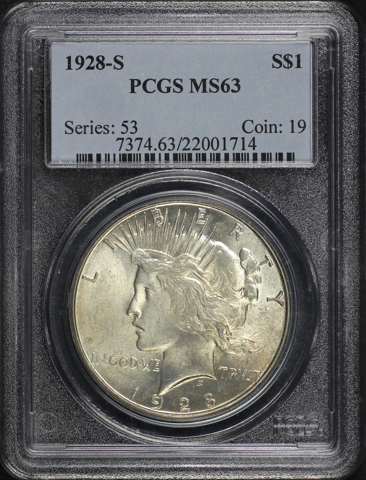 Obverse of this 1928-S Peace Dollar PCGS MS-63