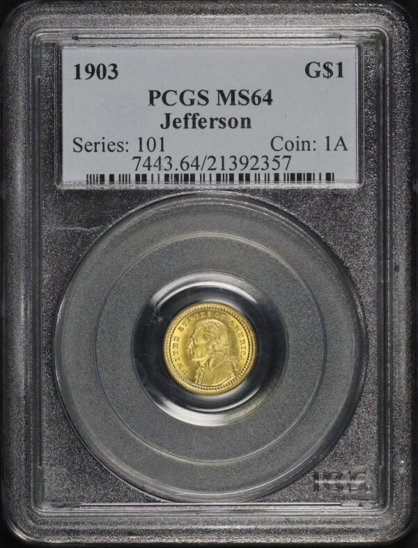 Obverse of this 1903 G$1 LA Purch-Jefferson Gold Commemorative PCGS MS-64