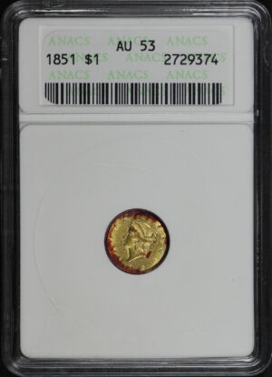 Obverse of this 1851 Gold Dollar Type 1 ANACS AU-53
