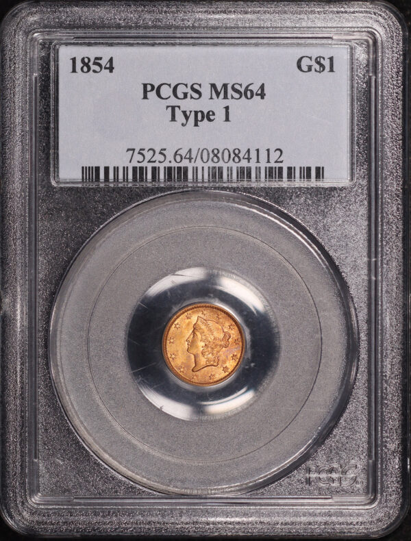 Obverse of this 1854 Type 1 Gold Dollar PCGS MS-64