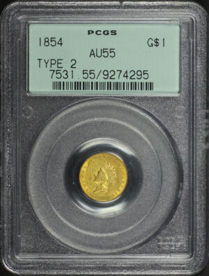 Obverse of this 1854 Gold Dollar Type 2 PCGS AU-55 Old Green Holder