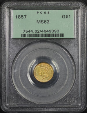Obverse of this 1857 Gold Dollar Type 3 PCGS MS-62 Old Green Holder